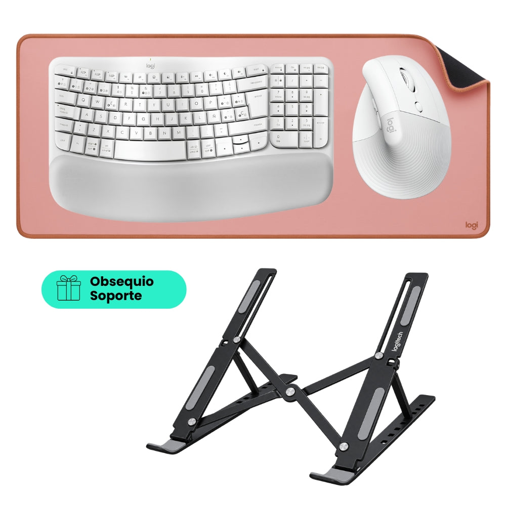 Combo Inalámbrico Logitech Teclado Wave Keys + Mouse Ergonomico Lift + Padmouse DeskMat Lila Rosa + Obsequio Soporte