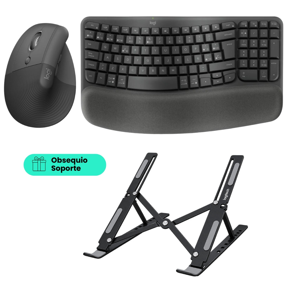 Combo Ergonómico Logitech Teclado Wave Keys + Mouse Ergonómico Vertical Logitech Lift Left, Inalámbrico + Obsequio Soporte