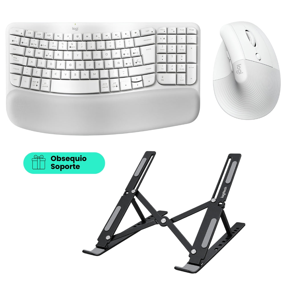 Combo Ergonómico Teclado Logitech Wave Keys + Mouse Ergonómico Vertical Logitech Lift, Inalámbrico + Obsequio Soporte