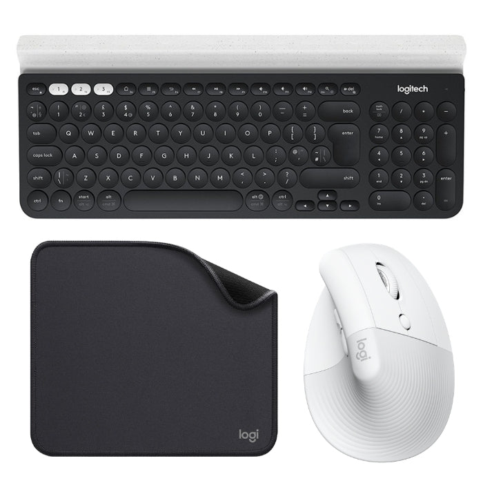 Teclado Inalámbrico Logitech K780 Multidispositivo + Mouse Ergonómico Vertical Logitech Lift Inalámbrico - Blanco + Pad Mouse Logitech Studio Series