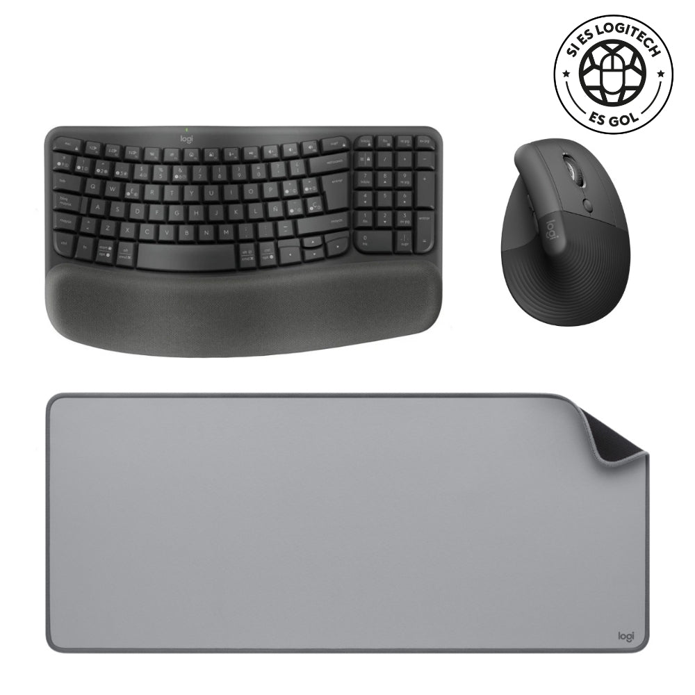 Combo Inalámbrico Logitech Teclado Wave Keys + Mouse Ergonomico Lift + Padmouse DeskMat Gris