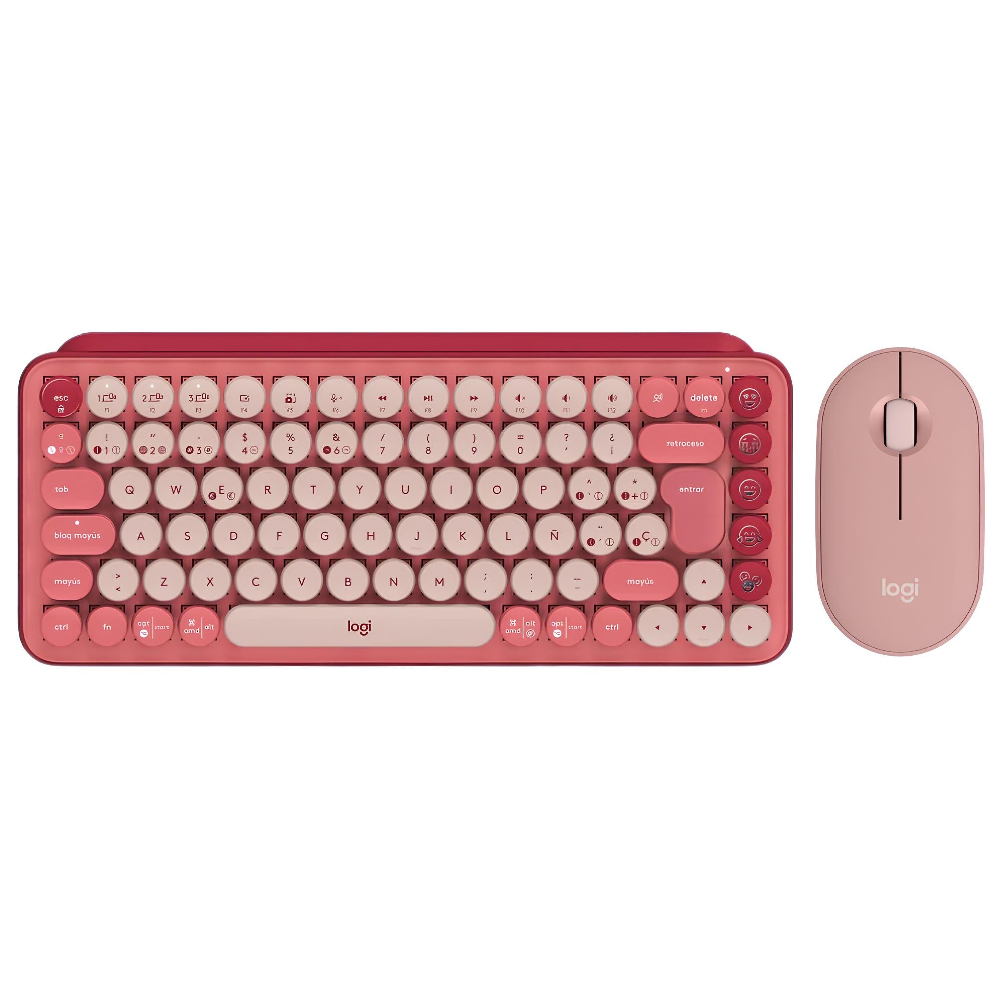 Teclado Mecánico Bluetooth Logitech POP Keys con Teclas de Emojis - Heartbreaker + Mouse Logitech Pebble 2 M350s, Bluetooth Multidispositivo - Rosa