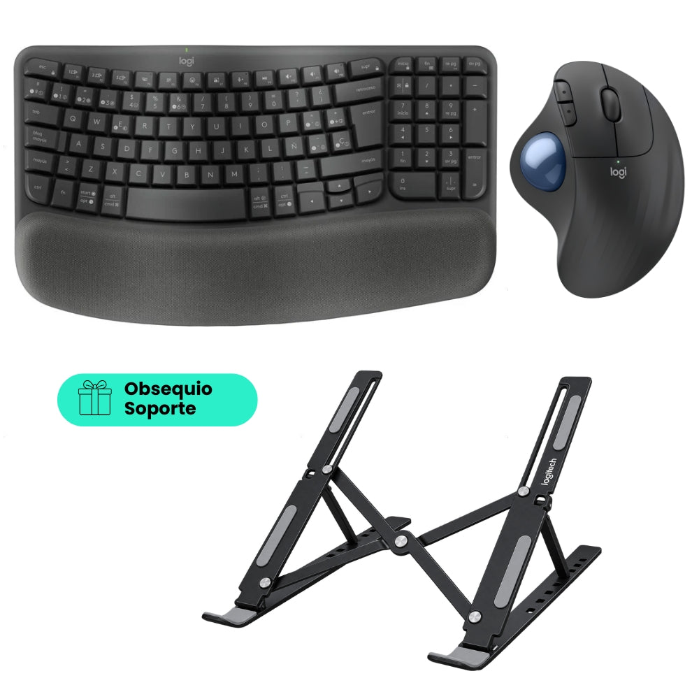 Teclado Ergonómico Inalámbrico Logitech Wave Keys + Mouse Trackball Inalámbrico Logitech Ergo M575S Ergonómico Bluetooth/Bolt + Obsequio Soporte