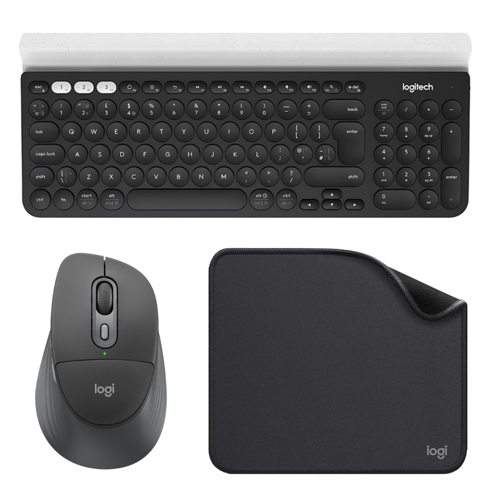 Teclado Inalámbrico Logitech K780 Bluetooth Multidispositivo con Base Tablet Celular + Mouse Inalámbrico Logitech Signature Comfort Plus M850 L + Pad Mouse Studio Series