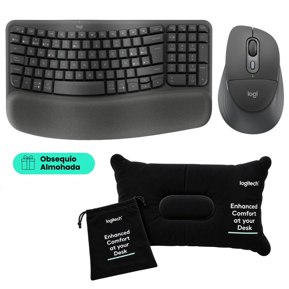 Teclado Ergonómico Inalámbrico Logitech Wave Keys + Mouse Inalámbrico Logitech Signature Comfort Plus M850 L Multidispositivo + Obsequio Almohada