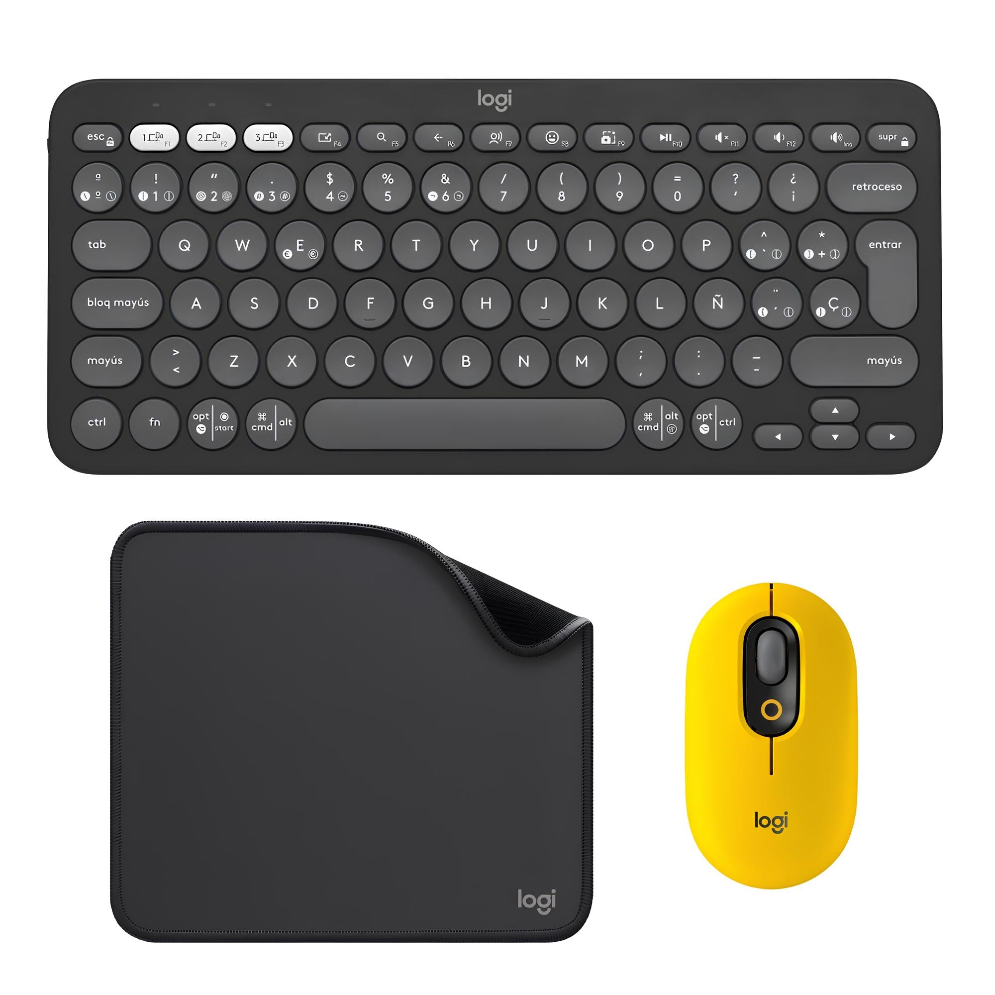 Teclado Bluetooth Multidispositivo Logitech Pebble Keys 2 K380s + Mouse Bluetooth Logitech POP con Botón Emojis SilentTouch Multidispositivo - Blast + Mouse Pad Logitech Studio Series