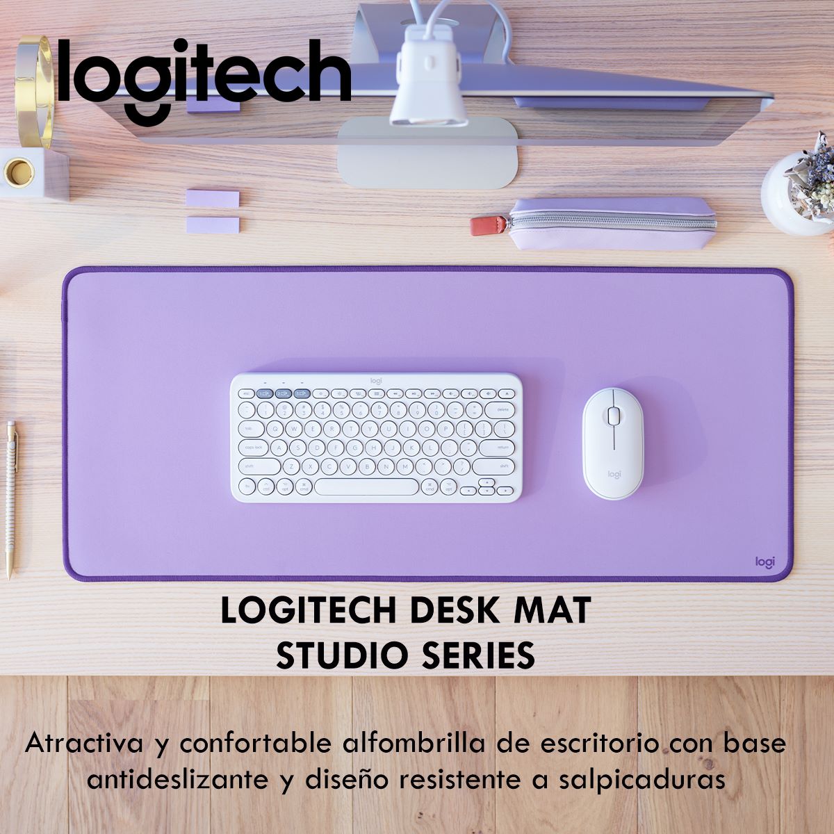 Combo Inalámbrico Logitech Teclado Wave Keys + Mouse Ergonomico Lift + Padmouse DeskMat Lila