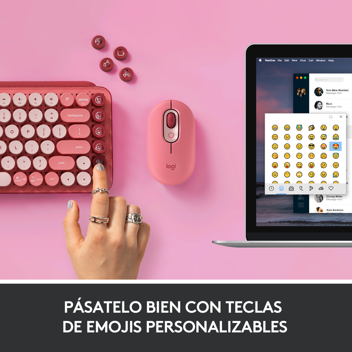 Teclado Mecánico Bluetooth Logitech POP Keys con Teclas de Emojis - Heartbreaker + Mouse Logitech Pebble 2 M350s, Bluetooth Multidispositivo + Mouse Pad Logitech Studio Series - Rosa