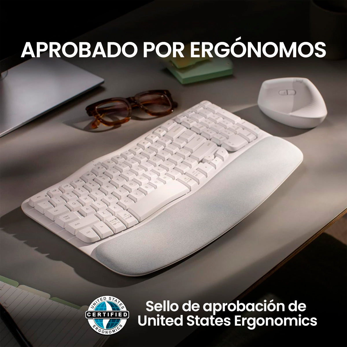 Combo Inalámbrico Logitech Teclado Wave Keys + Mouse Ergonomico Lift + Padmouse DeskMat Lila