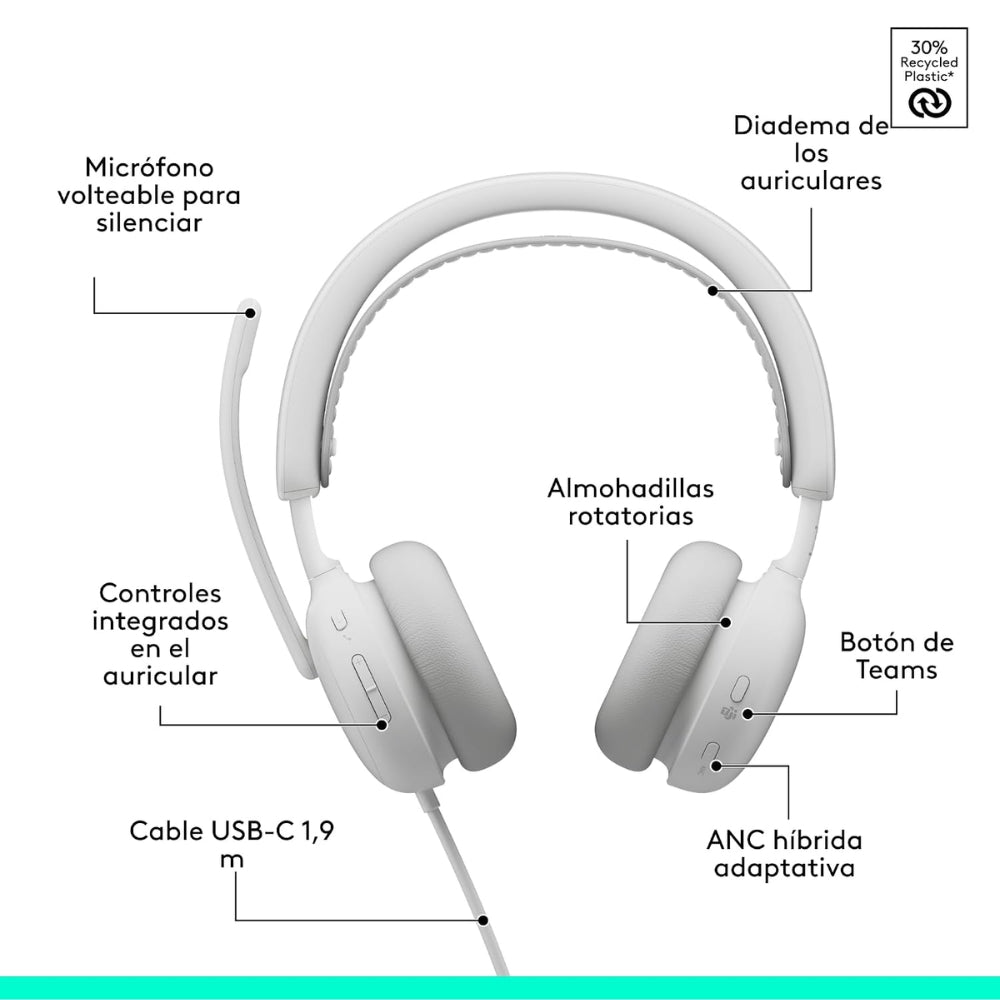 Diadema Profesional Logitech Zone Wireless 2 ES con ANC Híbrida Adaptativa - Blanco Crudo