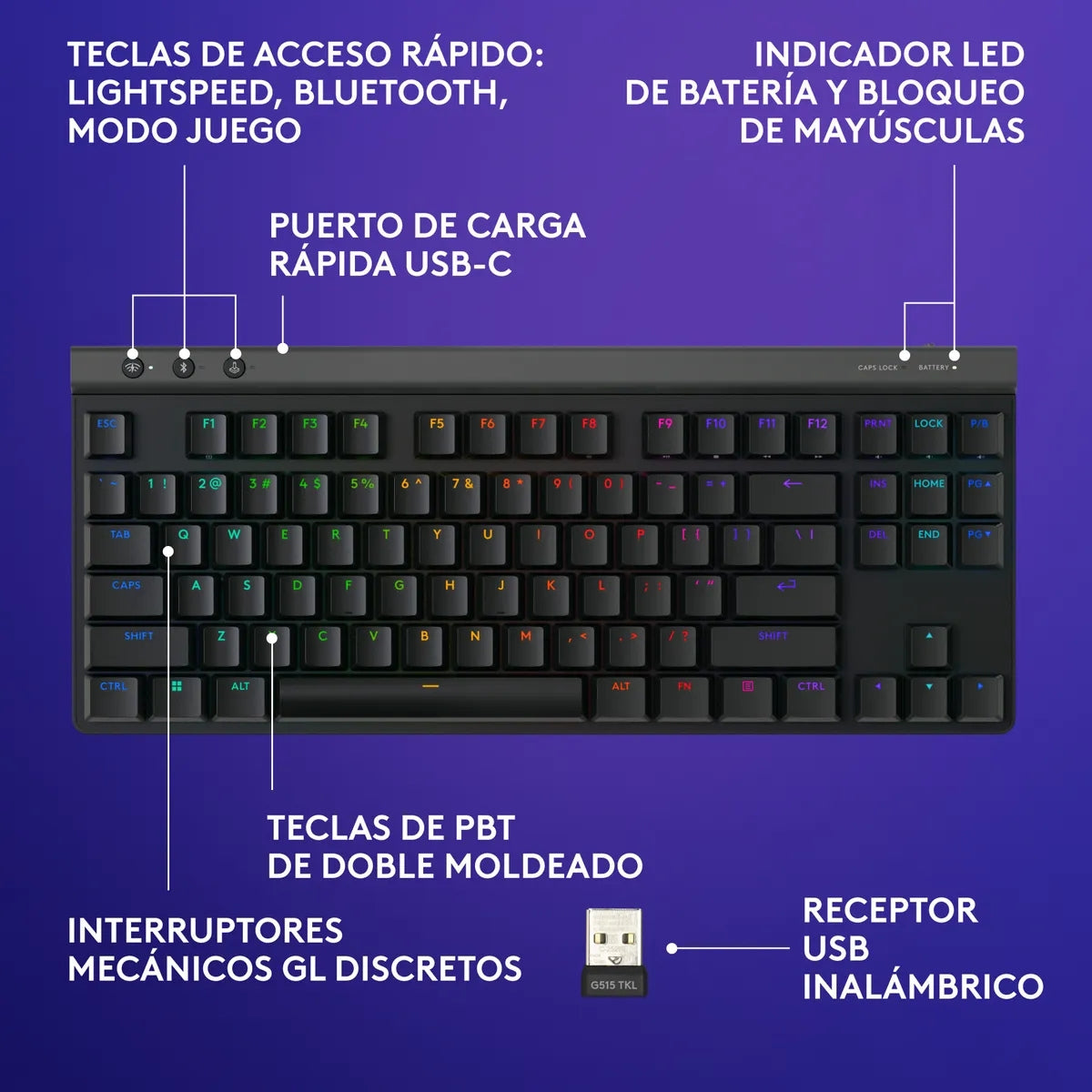 Teclado Gamer Inalámbrico, Logitech G515 Lightspeed Tkl, Negro