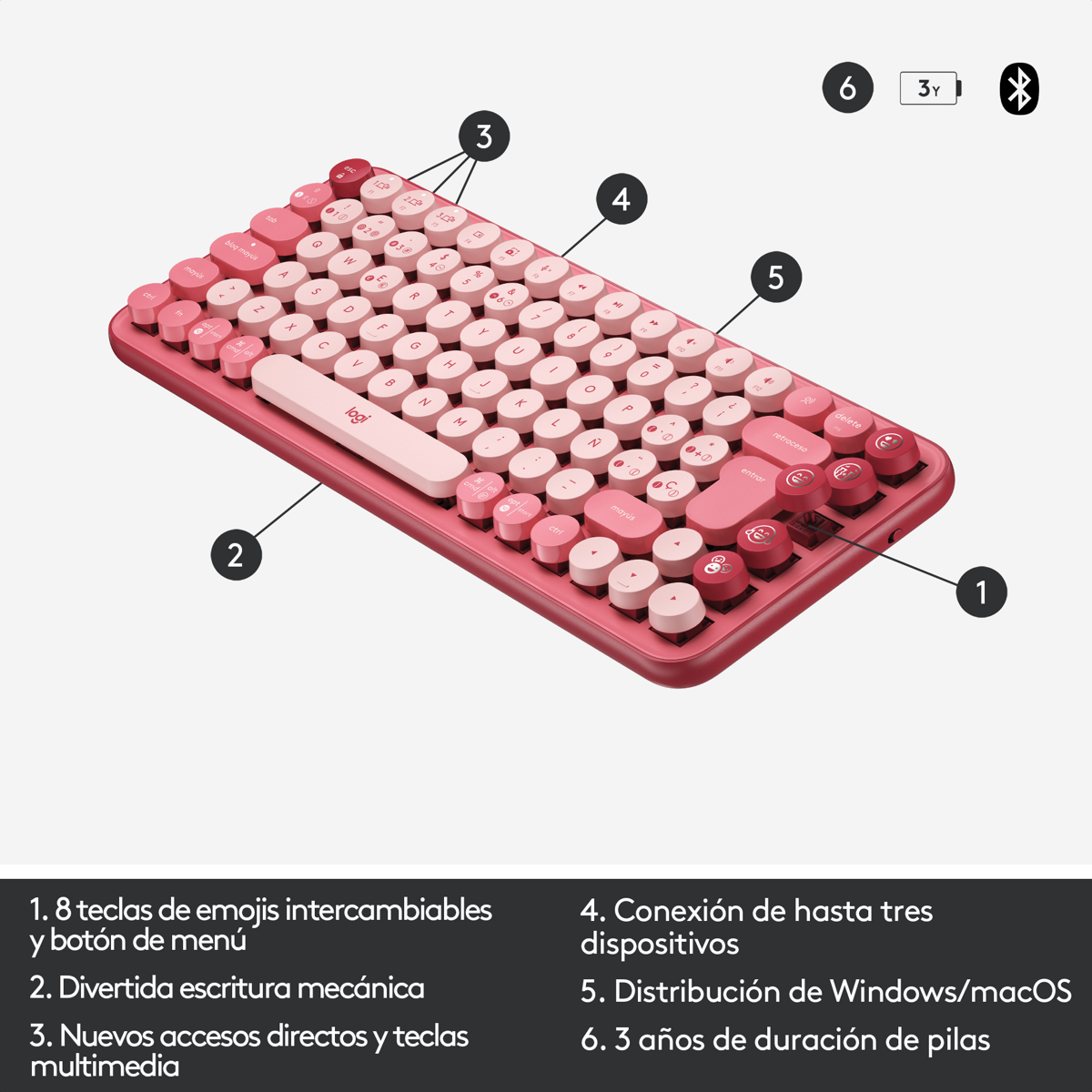 Teclado Mecánico Bluetooth Logitech POP Keys con Teclas de Emojis - Heartbreaker + Mouse Logitech Pebble 2 M350s, Bluetooth Multidispositivo - Rosa