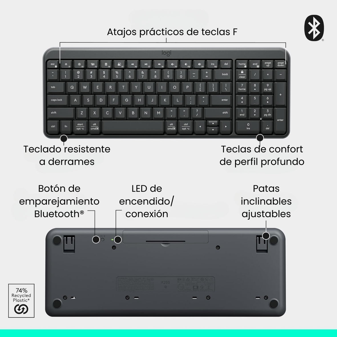 Teclado Bluetooth Inalámbrico Logitech K250 Compacto + Logitech M240 Silencioso Ratón Bluetooth Inalámbrico - Negro