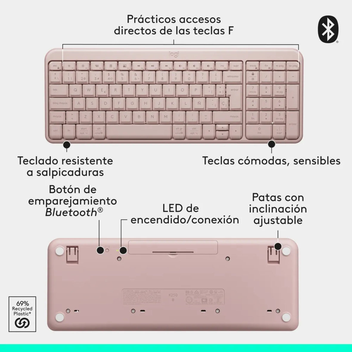 Teclado Bluetooth Inalámbrico Logitech K250 Compacto + Logitech M240 Silencioso Ratón Bluetooth Inalámbrico - Rosa