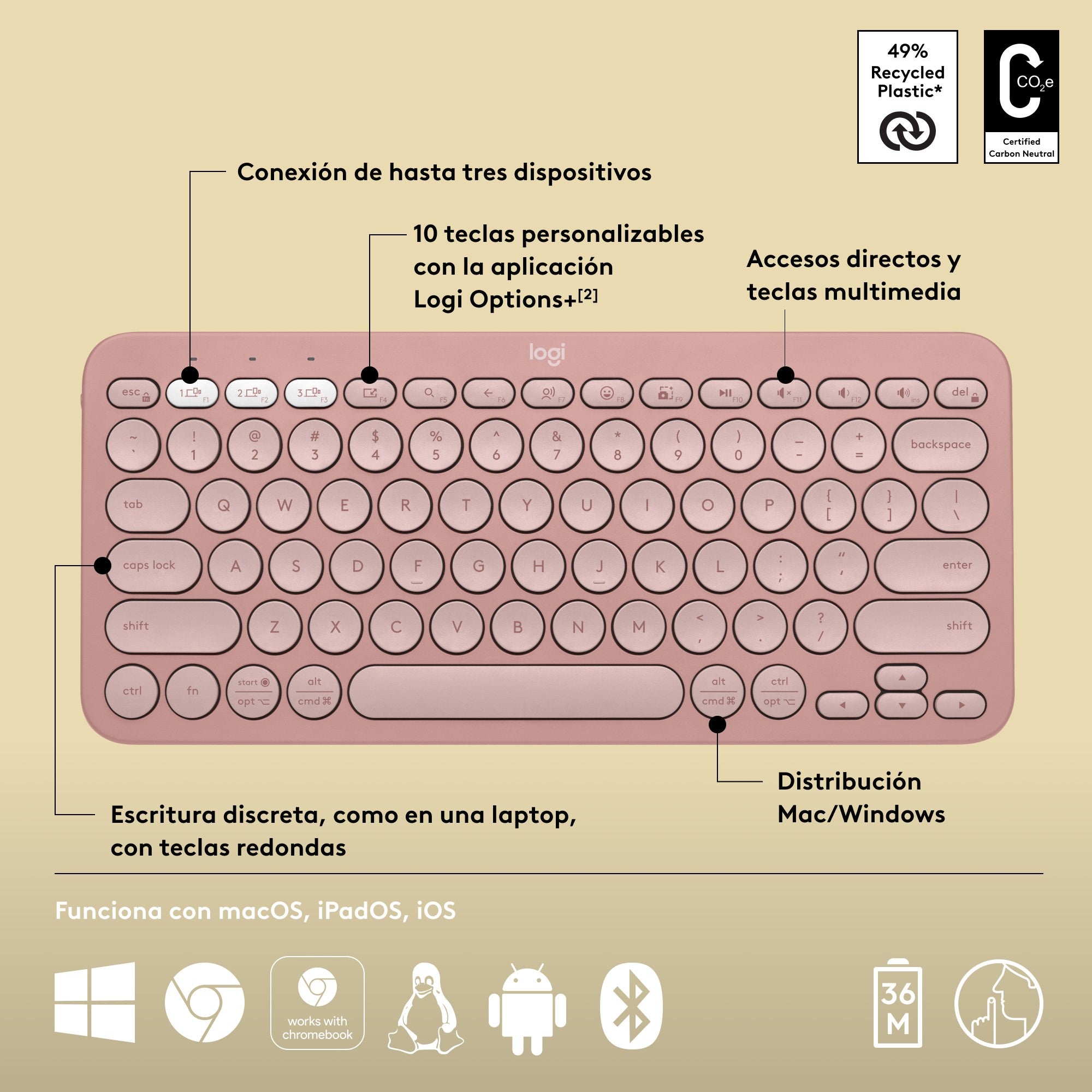 Teclado Bluetooth Logitech Pebble Keys 2 K380s Multidispositivo + Logitech M240 Silencioso Ratón Bluetooth Inalámbrico - Rosa