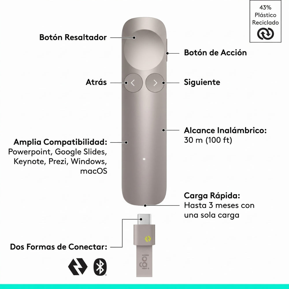 Presentador Inalambrico Logitech Spotlight 2 BT, USB-C - Arena