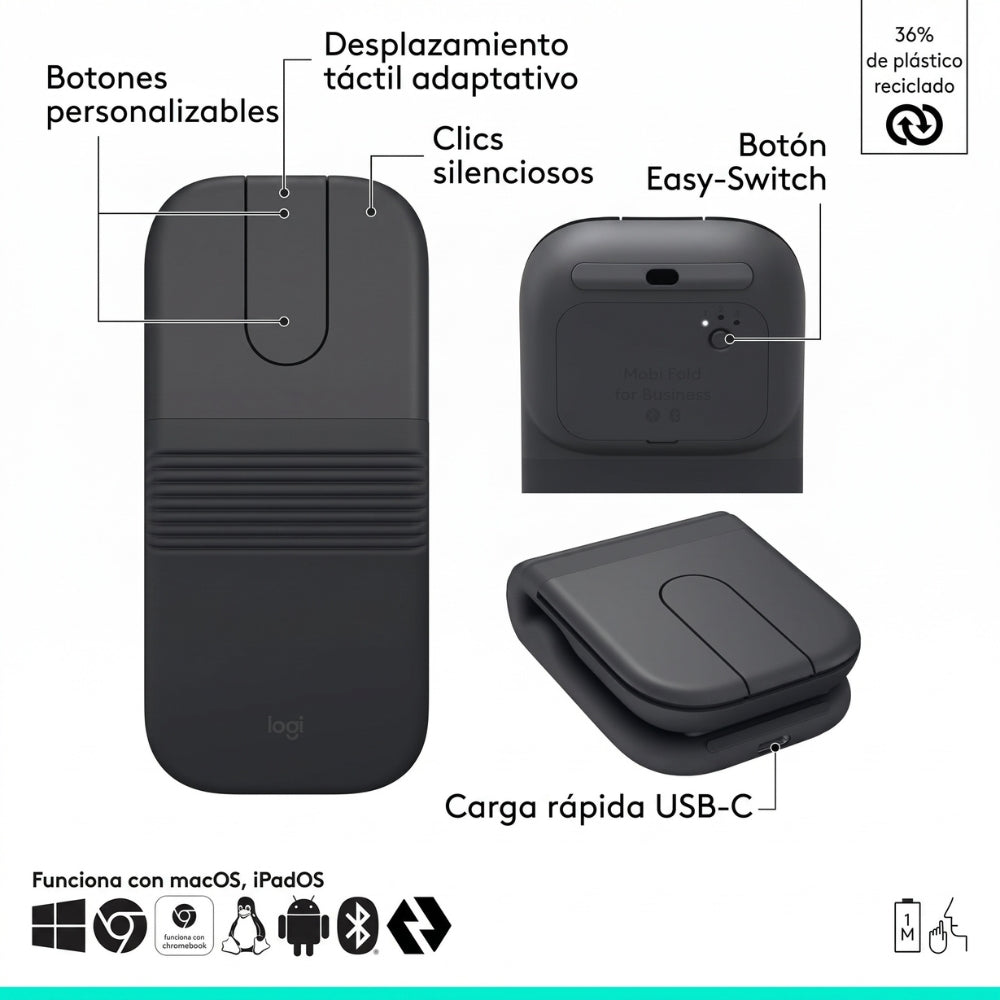 Mouse Inalámbrico Ultraportátil Logitech Mobi Fold con Diseño Plegable - Grafito