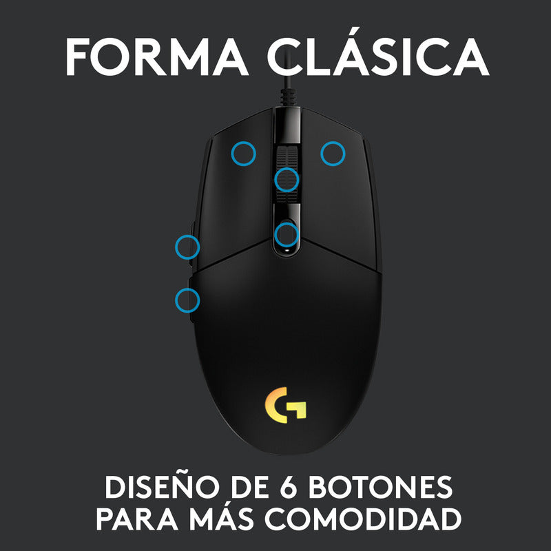Mouse Gamer Logitech G203 RGB LIGHTSYNC, 6 Botones 8.000 DPI - Negro + Auriculares Gamer Logitech G335 con Cable y Micrófono para PC, Xbox, Playstation - Negro