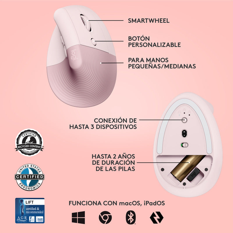 Mouse Ergonómico Logitech Lift Vertical Avanzado, Rosado