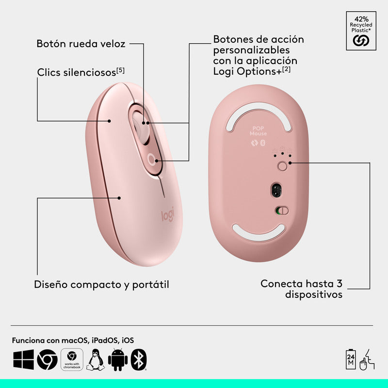 Combo Teclado Y Mouse Bluetooth, Logitech Pop Icon, Rosado