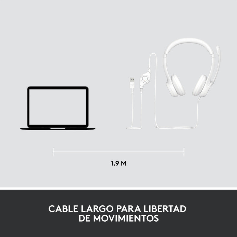 Diadema Usb Logitech H390, Mic Sin Ruido Y Controles, Blanco