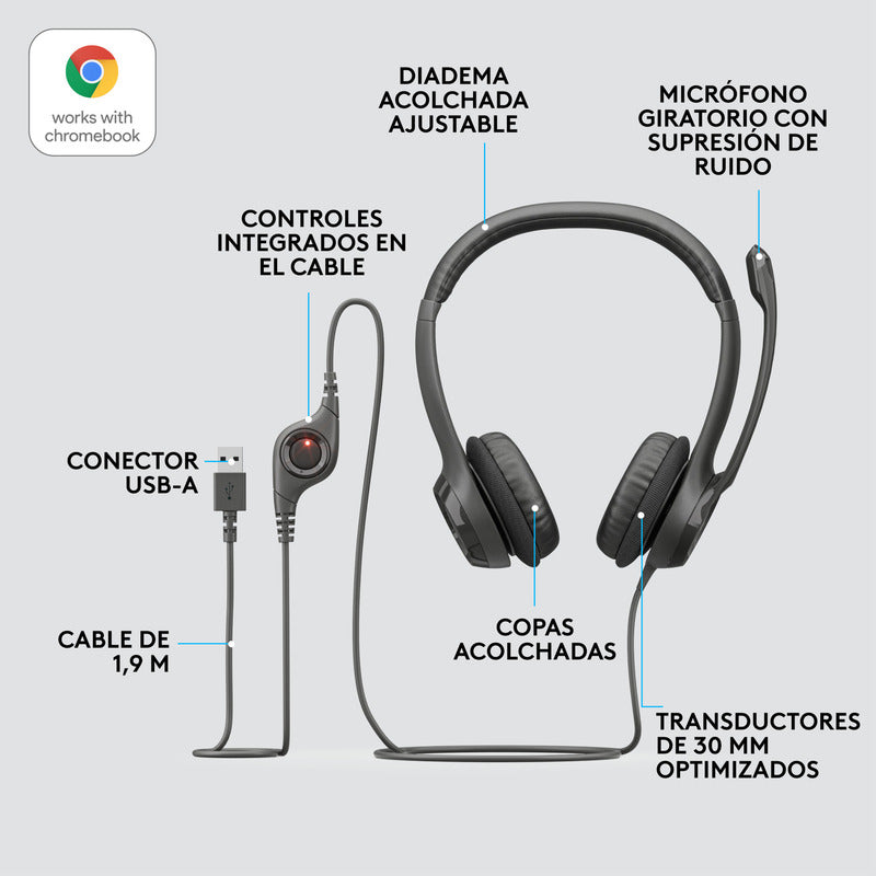 Diadema Usb Logitech H390, Mic Sin Ruido Y Controles Cable
