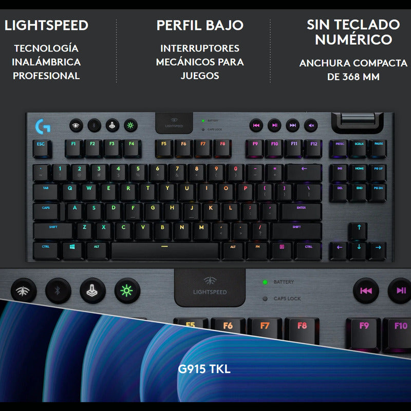 Teclado Gamer Logitech G915 Tkl, Mecánico Inalámbrico