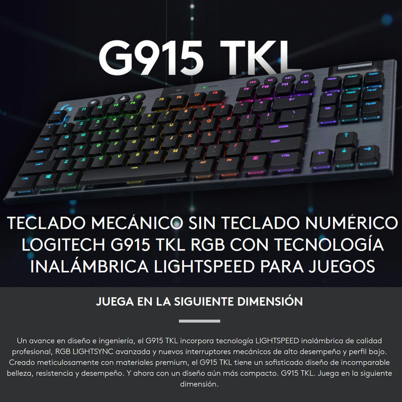 Teclado Gamer Logitech G915 Tkl, Mecánico Inalámbrico