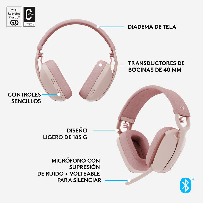 Diadema Profesional Bluetooth Logitech Zone Vibe 100 Rosa + Obsequio Soporte para la Diadema