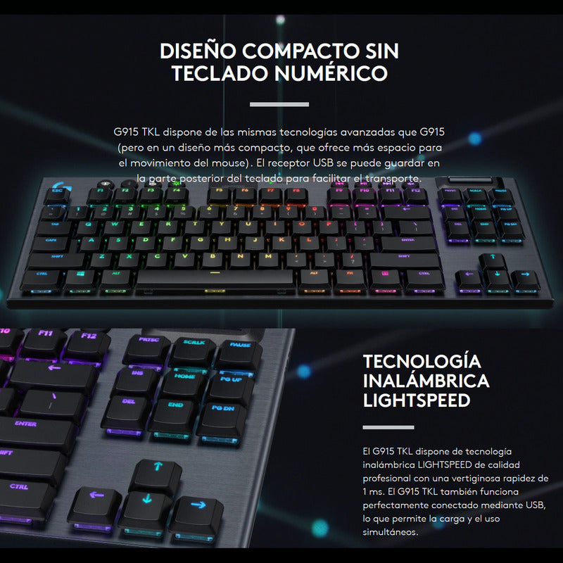 Teclado Gamer Logitech G915 Tkl, Mecánico Inalámbrico