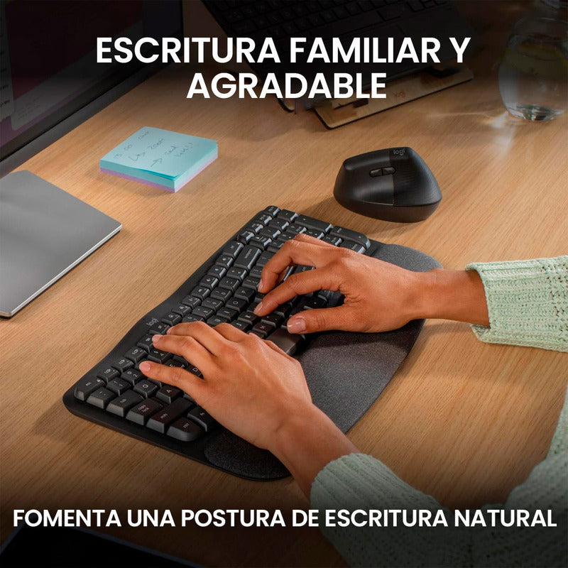 Combo Ergonómico Inalámbrico Teclado Logitech Wave Keys + Mouse Lift, Negro + Obsequio Soporte para Laptop