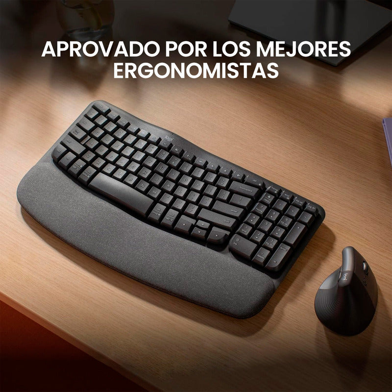 Combo Ergonómico Inalámbrico Teclado Logitech Wave Keys + Mouse Lift, Negro + Obsequio Soporte para Laptop