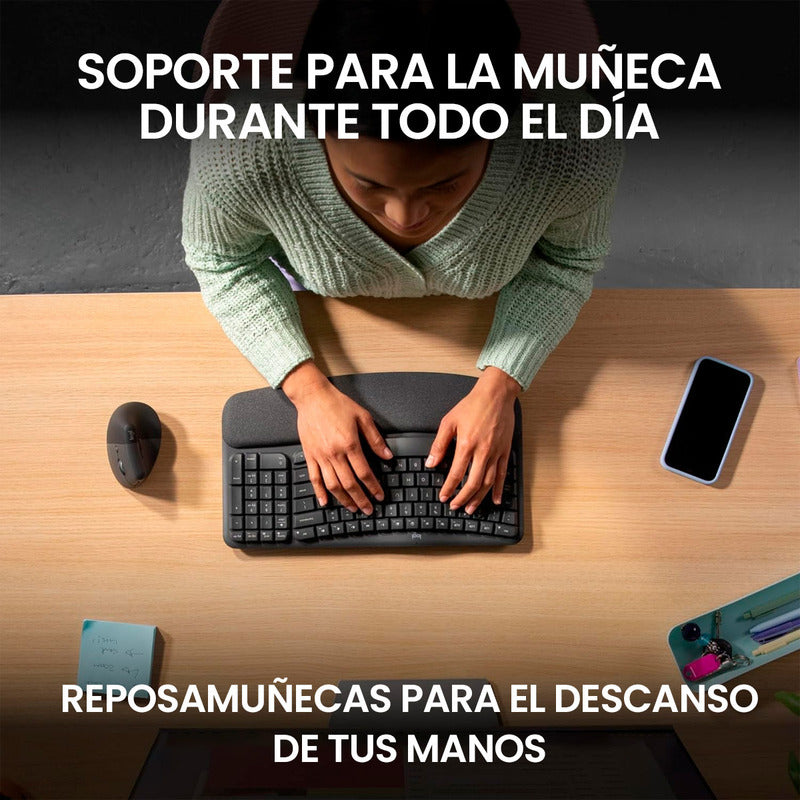 Combo Ergonómico Inalámbrico Teclado Logitech Wave Keys + Mouse Lift, Negro + Obsequio Soporte para Laptop
