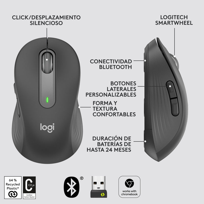 Mouse Inalámbrico BT/Bolt Logitech Signature M650 con Scroll SmartWheel, Grafito