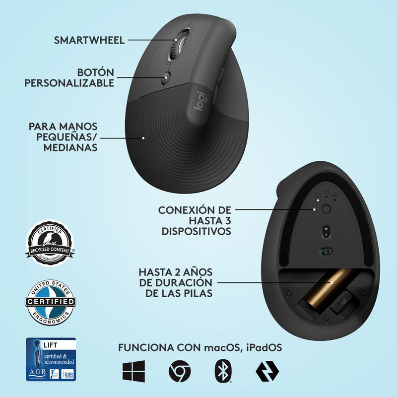 Mouse Ergonómico Logitech Lift Vertical Left Avanzado Zurdo