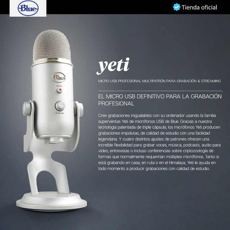 Micrófono Usb Profesional Blue Yeti, Grabación Streaming Silver