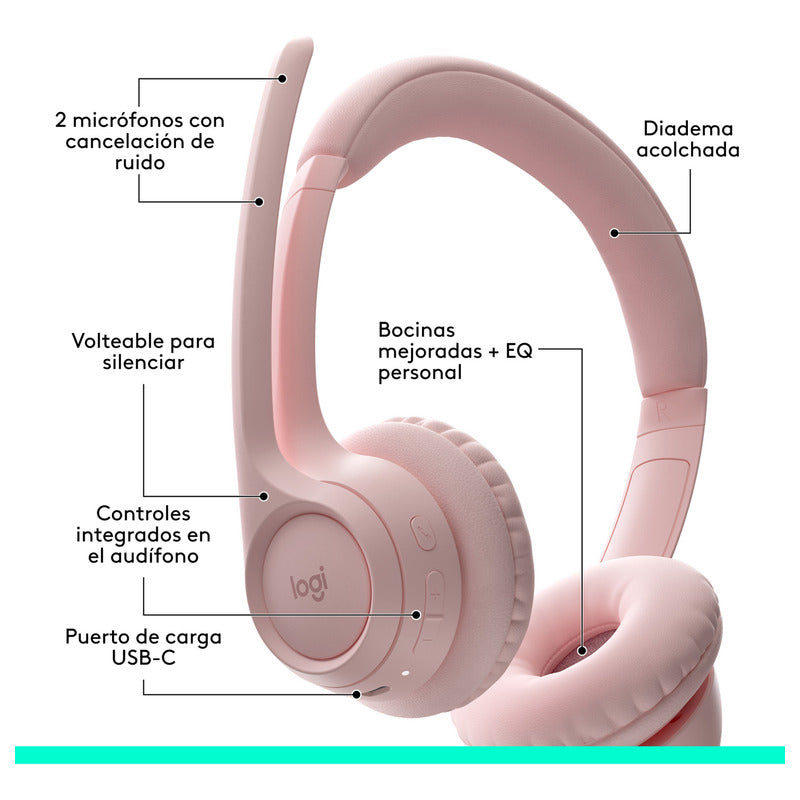 Auriculares Inalámbricos Bluetooth Logitech Zone 300 con Micrófono, Rosa + Obsequio Soporte para Diadema