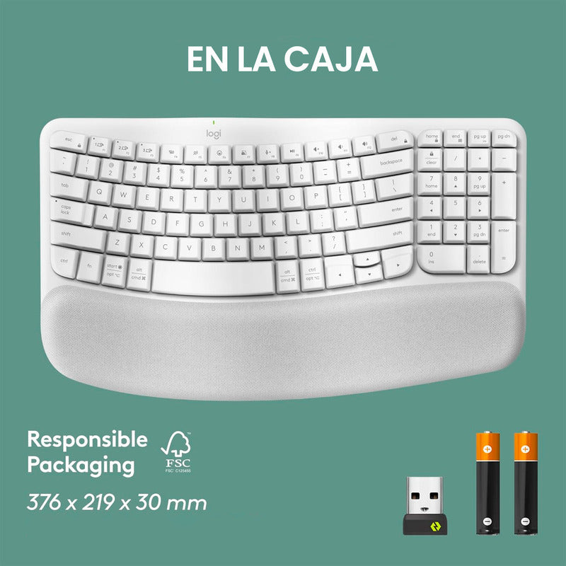 Teclado Ergonómico Inalámbrico, Logitech Wave Keys, Blanco