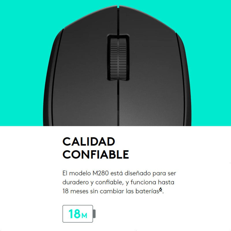 Mouse Inalámbrico Logitech M280, Cómodo Diseño Curvo, Gris