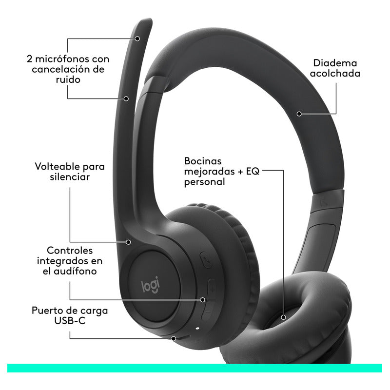 Auriculares Inalámbricos Bluetooth Logitech Zone 300 con Micrófono, Negro + Obsequio Soporte para Diadema