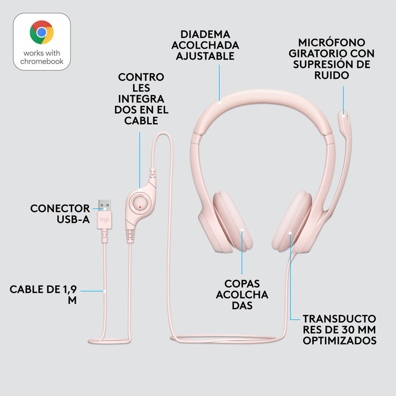 Combo Cámara Web Logitech Brio 300 + Diadema H390 Usb Rosa