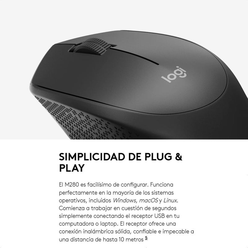 Mouse Inalámbrico Logitech M280, Cómodo Diseño Curvo, Gris