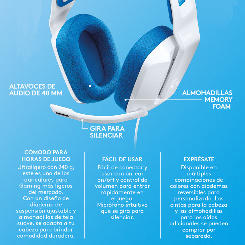 Diadema Gamer Logitech G335, Pc, Ps5, Xbox / Blanco Y Azul