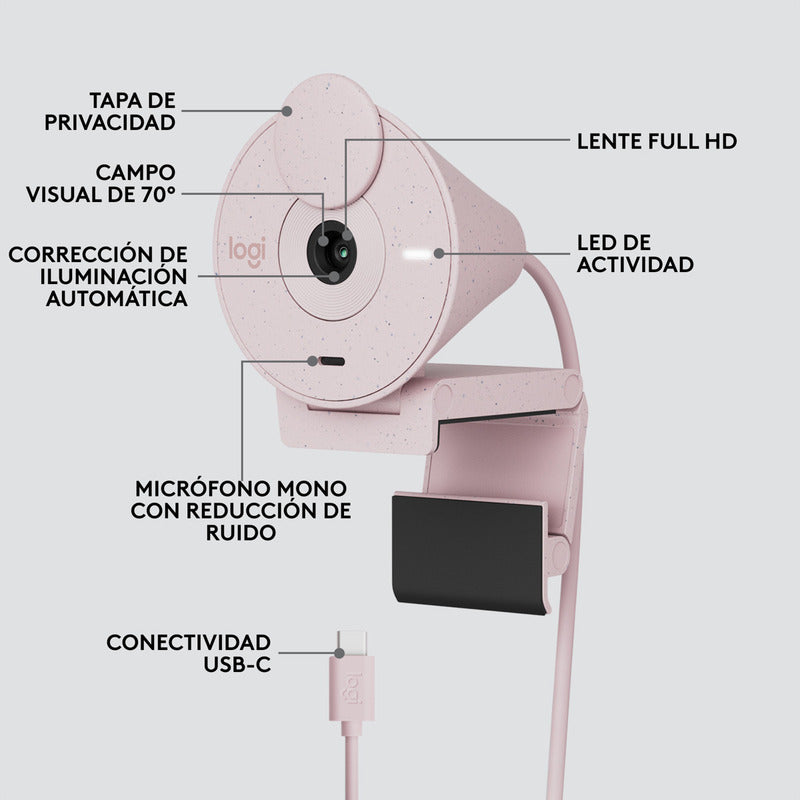 Webcam Logitech Brio 300 Full Hd 1080p Rightlight 2, Rosa