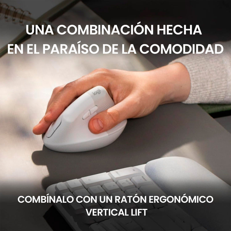 Teclado Ergonómico Inalámbrico, Logitech Wave Keys, Blanco
