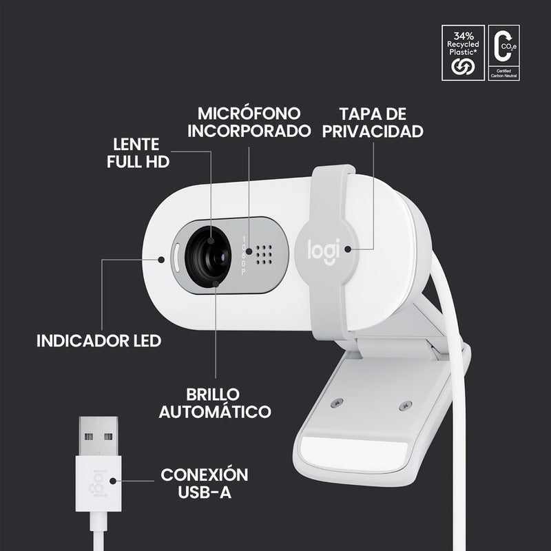 Webcam Full Hd 1080p, Rightlight 2, Logitech Brio 100 Blanco