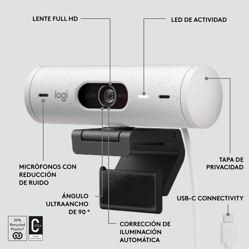 Webcam Full Hd 1080p, Rightlight 4, Logitech Brio 500 Blanco