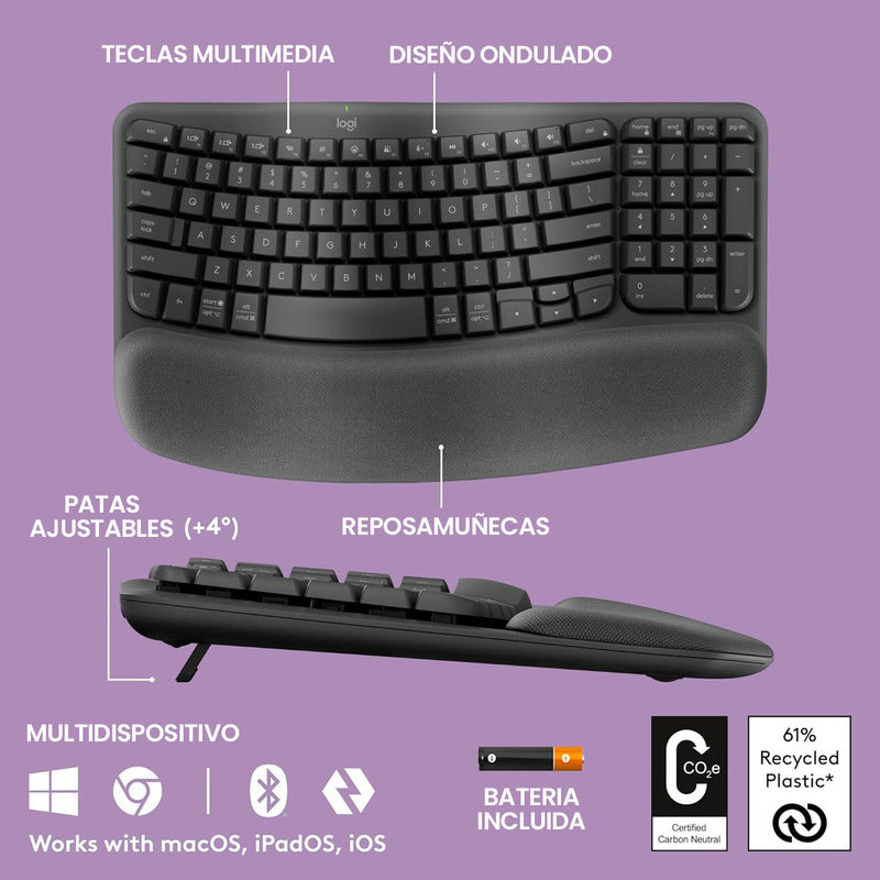 Combo Ergonómico Inalámbrico Teclado Logitech Wave Keys + Mouse Lift, Negro + Obsequio Soporte para Laptop
