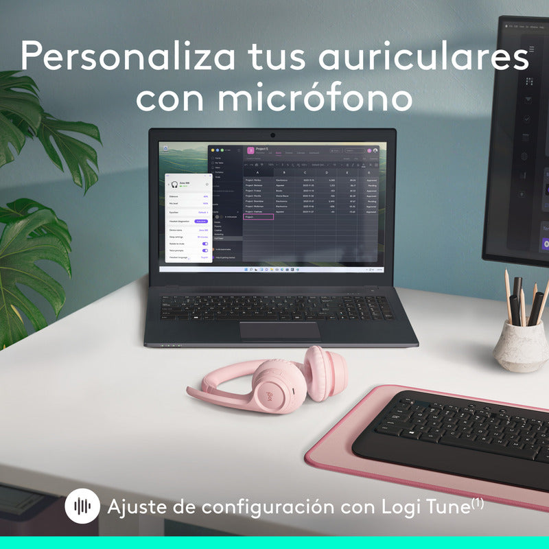Auriculares Inalámbricos Bluetooth Logitech Zone 300 con Micrófono, Rosa + Obsequio Soporte para Diadema