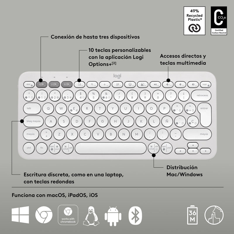 Combo Logitech Bluetooth: Teclado K380s + Mouse M196, Blanco